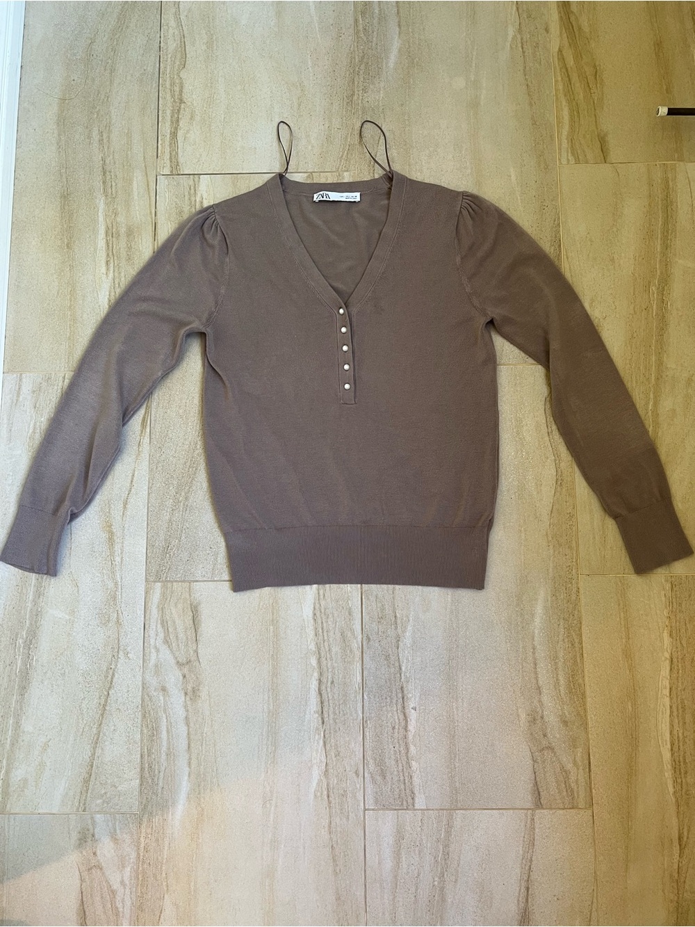 Zara Dark Tan V-Neck Button Sweater with Pearl accents